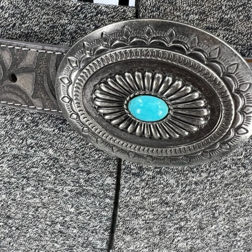 Angel Ranch Brown leather Distressed embossed Floral Turquoise Studs Belt
